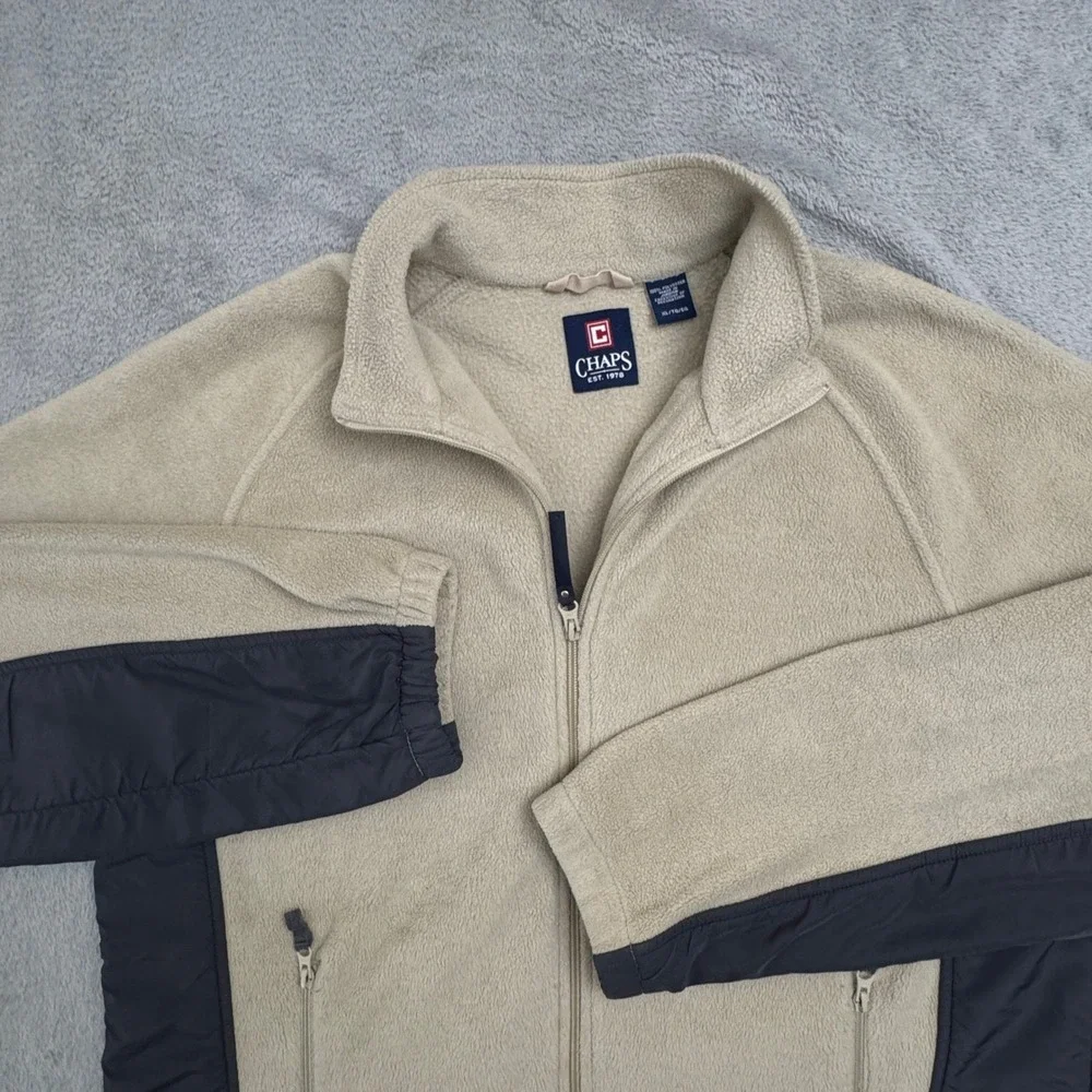 Chaps Men's Fleece Full Zip Long‎ Sleeve Size XL Beige and Grey Super Clean